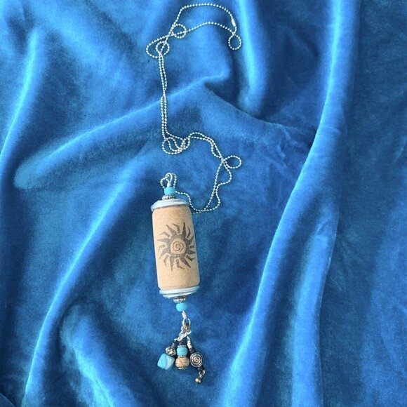 Recycled pendant necklace - wine cork and beads - 30” ball chain - turquoise - Picture 1 of 4